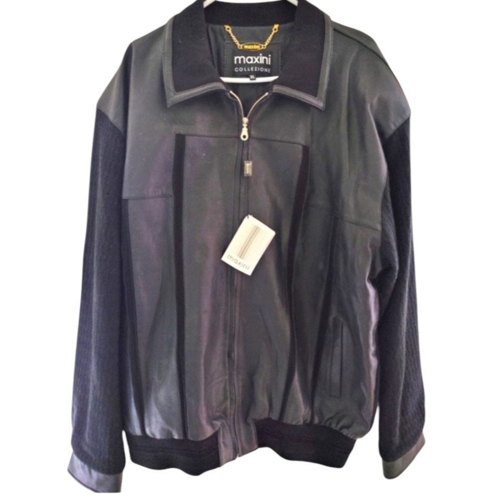 Maxini Collezione Black Men's Leather & Knit Bomber Jacket Size XL